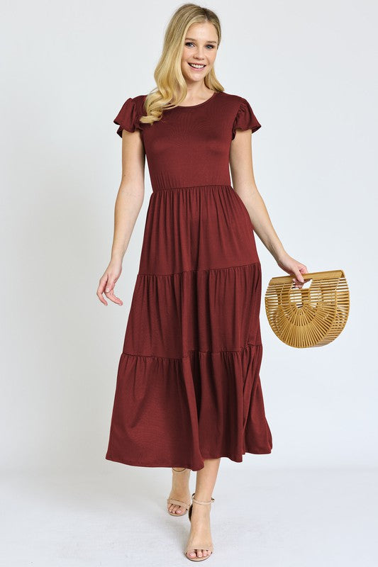 PLUS SIZE SOLID FLUTTER SLEEVE TIERED DRESS