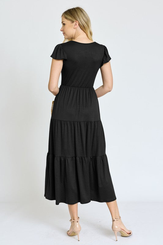 SOLID FLUTTER SLEEVE TIERED DRESS