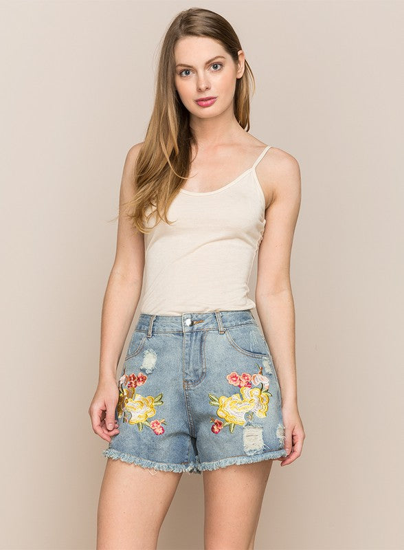 PLUS SIZE FLORAL EMBROIDERED DENIM SHORTS