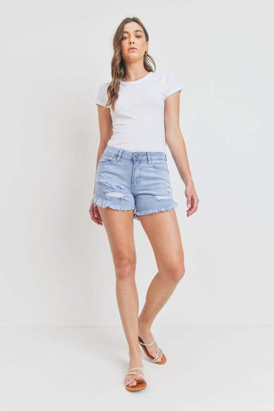 CURVED FRAY HEM DENIM SHORTS