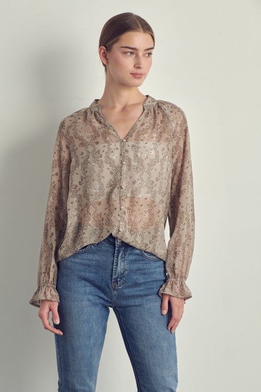 MANDARIN COLLARED LONG SLEEVE BLOUSE