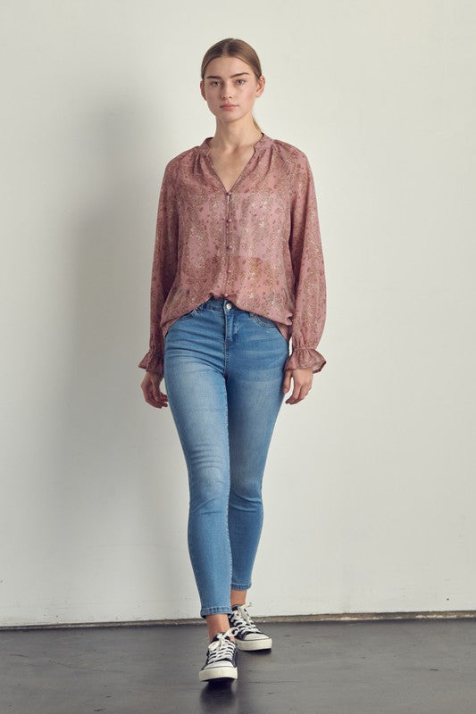 MANDARIN COLLARED LONG SLEEVE BLOUSE