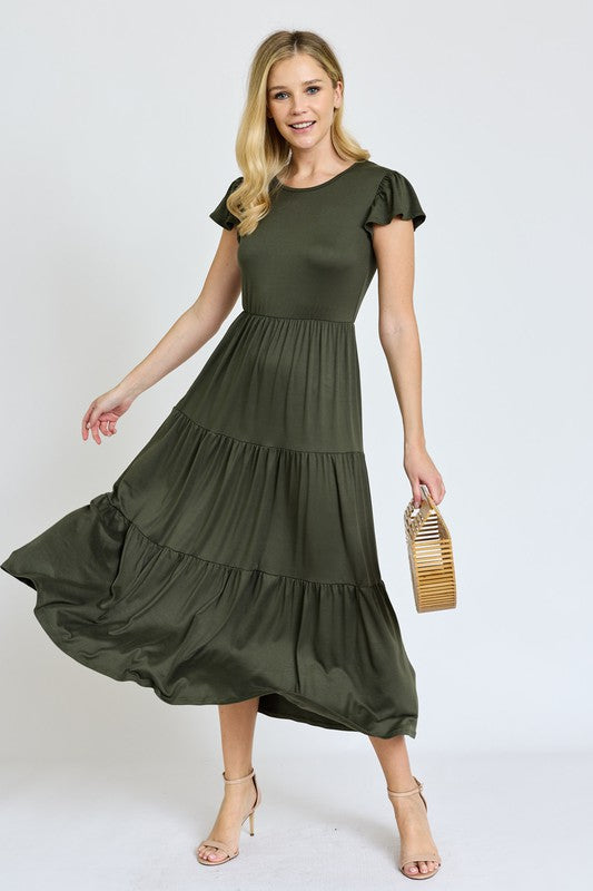 SOLID FLUTTER SLEEVE TIERED DRESS