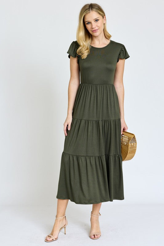 SOLID FLUTTER SLEEVE TIERED DRESS