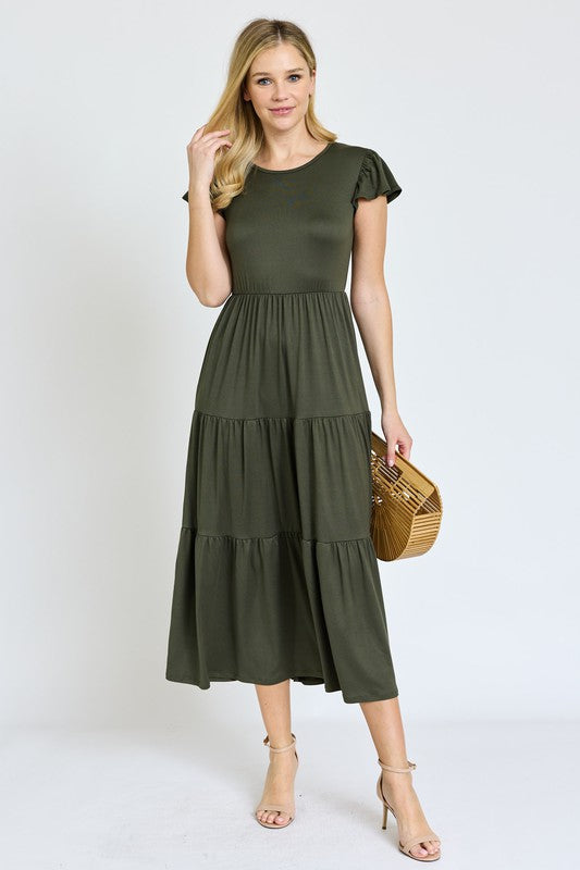 SOLID FLUTTER SLEEVE TIERED DRESS