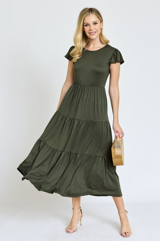 PLUS SIZE SOLID FLUTTER SLEEVE TIERED DRESS