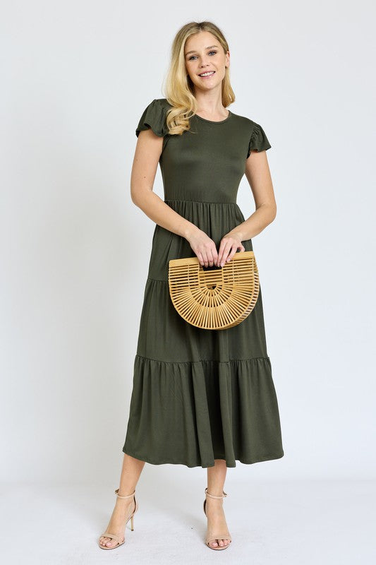 SOLID FLUTTER SLEEVE TIERED DRESS