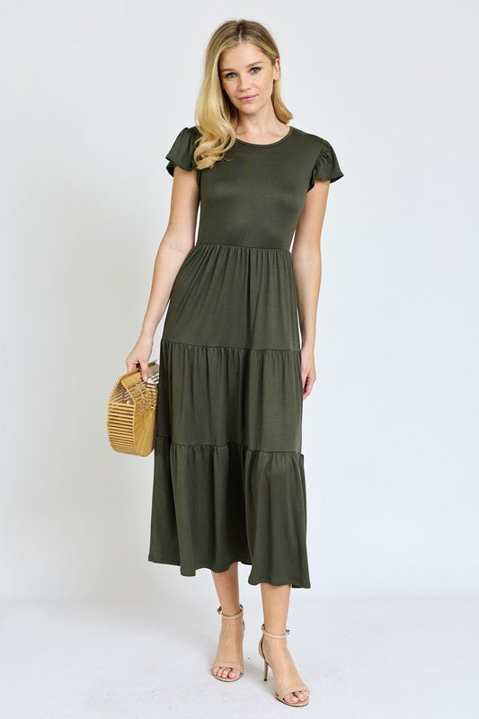 SOLID FLUTTER SLEEVE TIERED DRESS