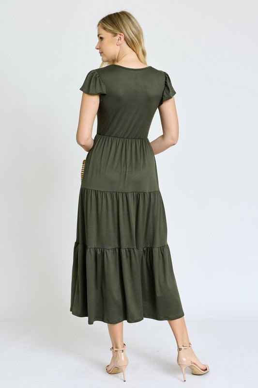 SOLID FLUTTER SLEEVE TIERED DRESS