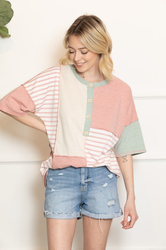 COLORBLOCK BUTTON KNIT TOP