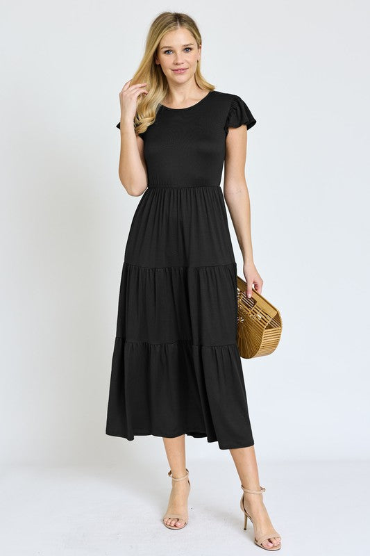 PLUS SIZE SOLID FLUTTER SLEEVE TIERED DRESS