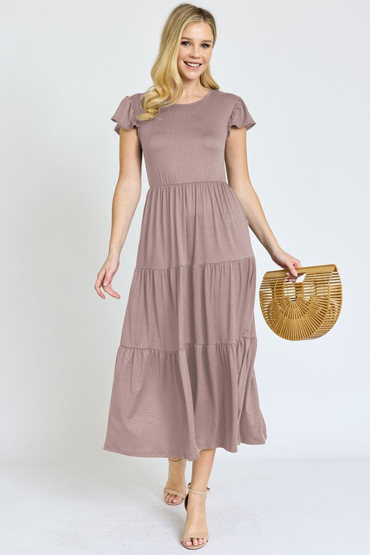 PLUS SIZE SOLID FLUTTER SLEEVE TIERED DRESS