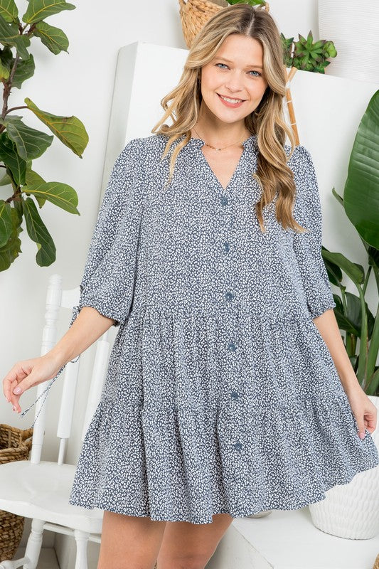 PLUS SIZE DOT BUTTON TIERED DRESS