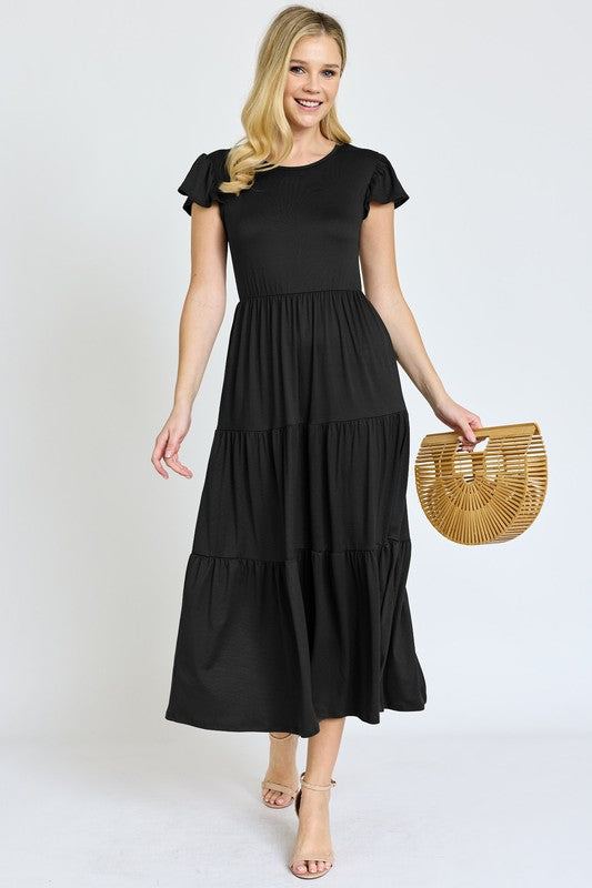 PLUS SIZE SOLID FLUTTER SLEEVE TIERED DRESS