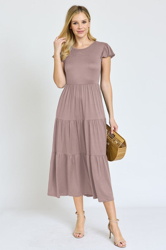 SOLID FLUTTER SLEEVE TIERED DRESS