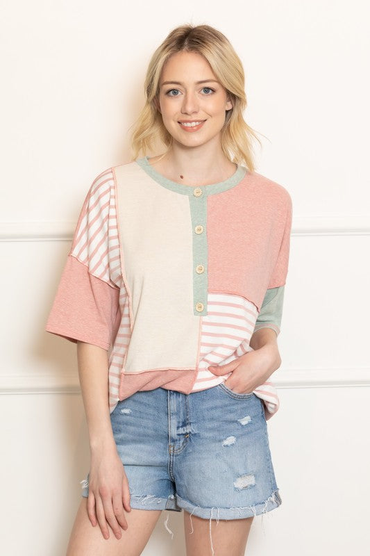 COLORBLOCK BUTTON KNIT TOP